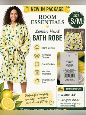 🍋 NWT Room Essentials Lemon Print Bath Robe S/M | 100% Cotton | Target 🍋